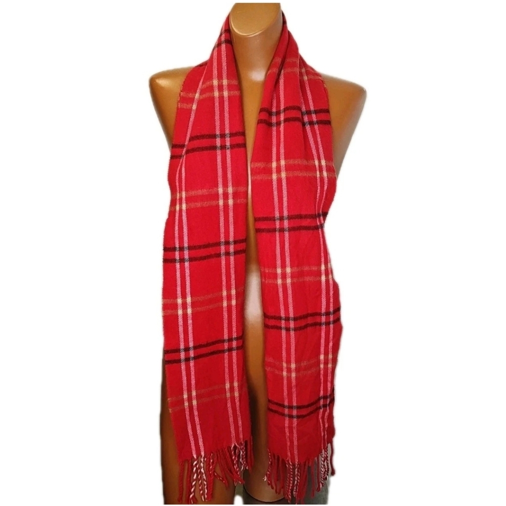 Cejon Italian Acrylic Fringed Long Neck Scarf Red Tartan Plaid Holiday Ski 11/62
